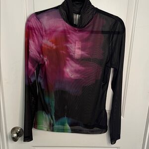 Anthropologie Black and Multicolor Sheer Long Sleeve Top